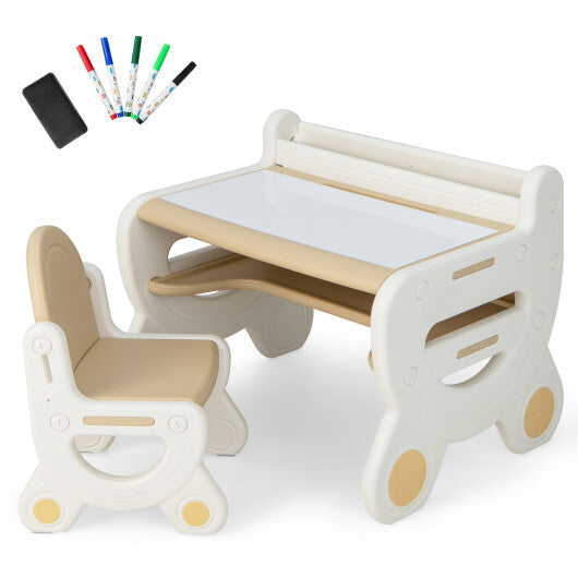 Kids Table and Chair Set with Watercolor Pens and Blackboard Eraser- Brown