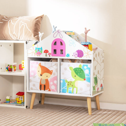 Kids House-shaped Bookshelf with 2 Storage Bins for Kids Room Playroom- White