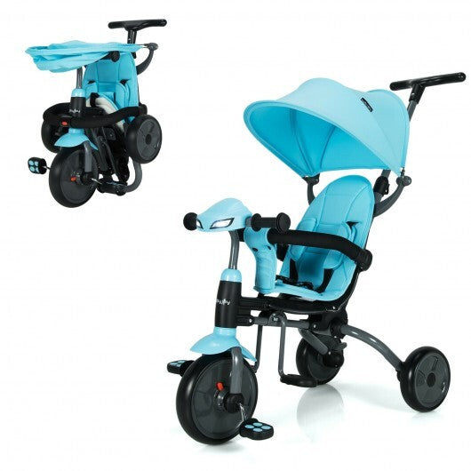 6-in-1 Foldable Kids Tricycle Toddler Stroller with Adjustable Handle- Blue