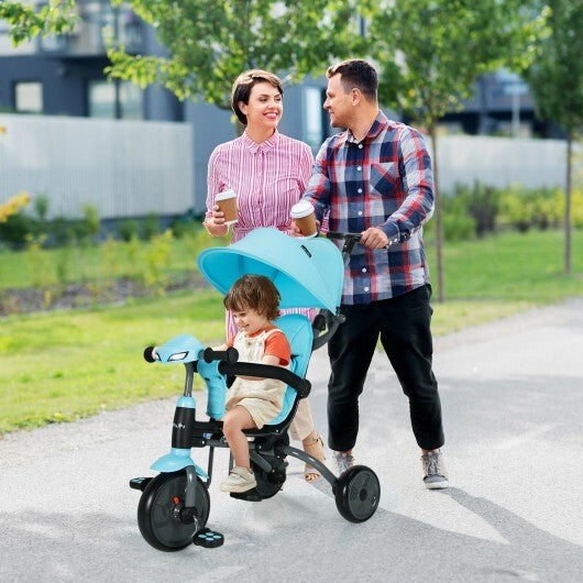 6-in-1 Foldable Kids Tricycle Toddler Stroller with Adjustable Handle- Blue