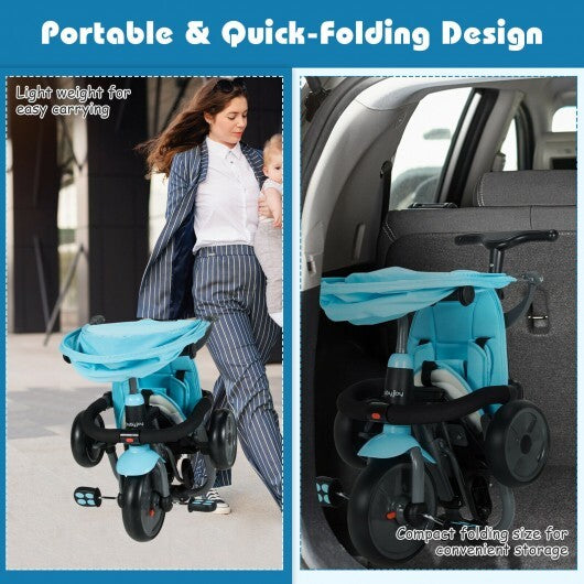 6-in-1 Foldable Kids Tricycle Toddler Stroller with Adjustable Handle- Blue