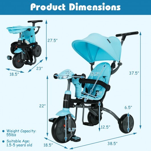 6-in-1 Foldable Kids Tricycle Toddler Stroller with Adjustable Handle- Blue