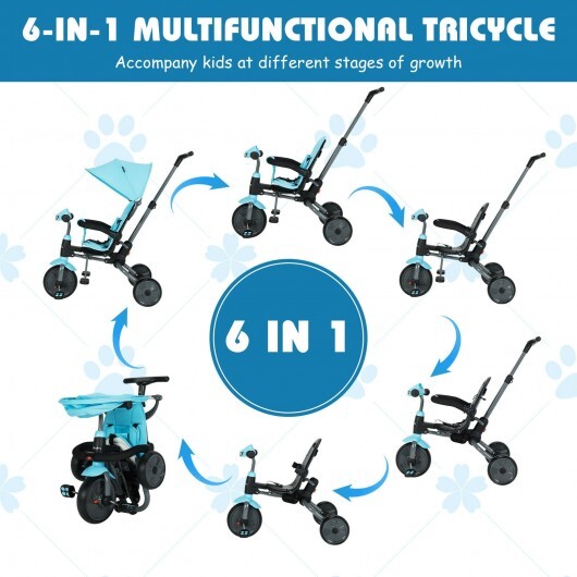 6-in-1 Foldable Kids Tricycle Toddler Stroller with Adjustable Handle- Blue