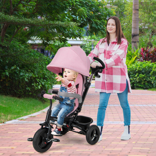 4-in-1 Kids Tricycle Toddler Trike with Reversible Seat and 5-Point Safety Harness- Pink