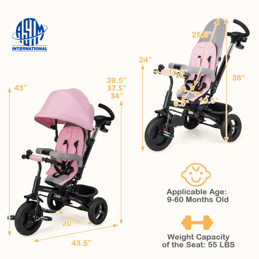 4-in-1 Kids Tricycle Toddler Trike with Reversible Seat and 5-Point Safety Harness- Pink