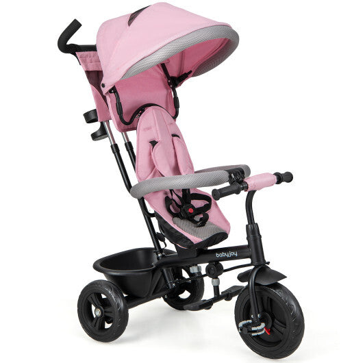 4-in-1 Kids Tricycle with Removable Canopy and Adjustable Push Handle- Pink