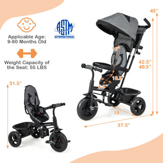 4-in-1 Kids Tricycle with Removable Canopy and Adjustable Push Handle- Pink