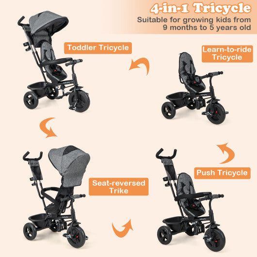 4-in-1 Kids Tricycle with Removable Canopy and Adjustable Push Handle- Pink