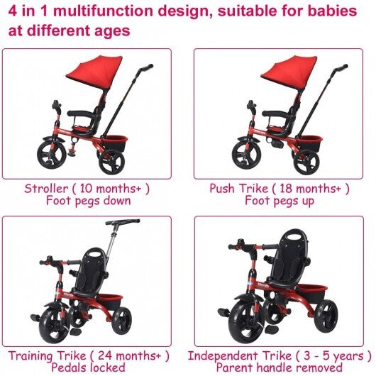 4-in-1 Kids Tricycle with Adjustable Push Handle- Red