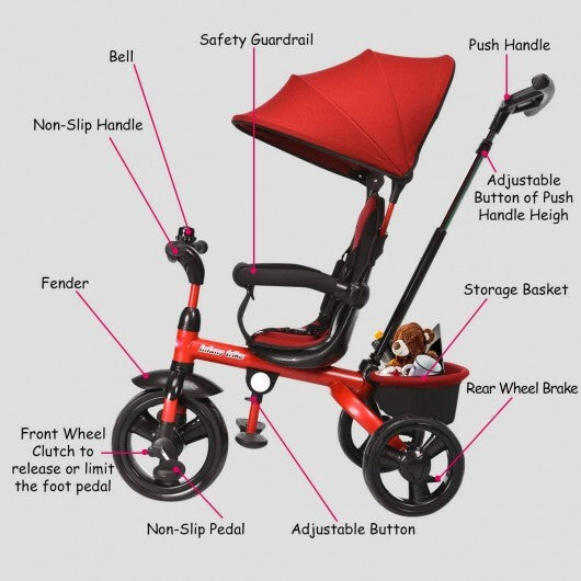 4-in-1 Kids Tricycle with Adjustable Push Handle- Red