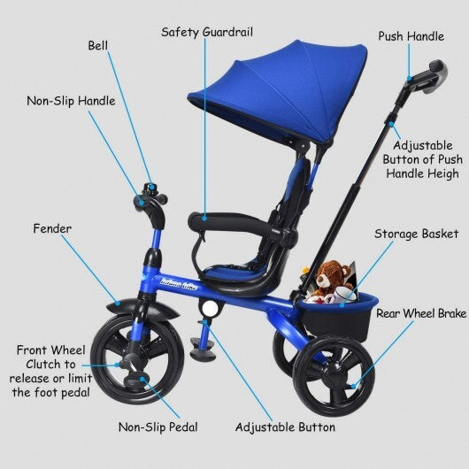 4-in-1 Kids Tricycle with Adjustable Push Handle- Blue