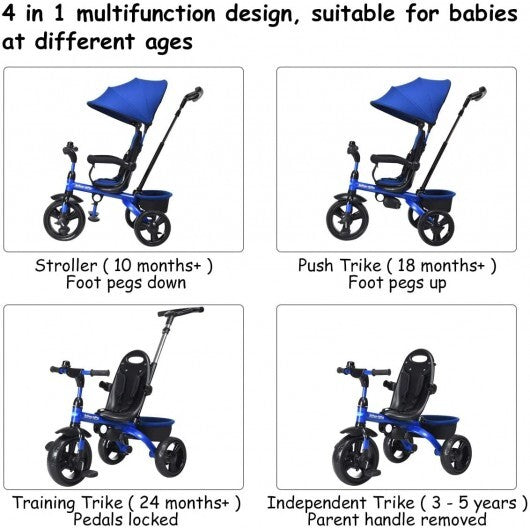 4-in-1 Kids Tricycle with Adjustable Push Handle- Blue