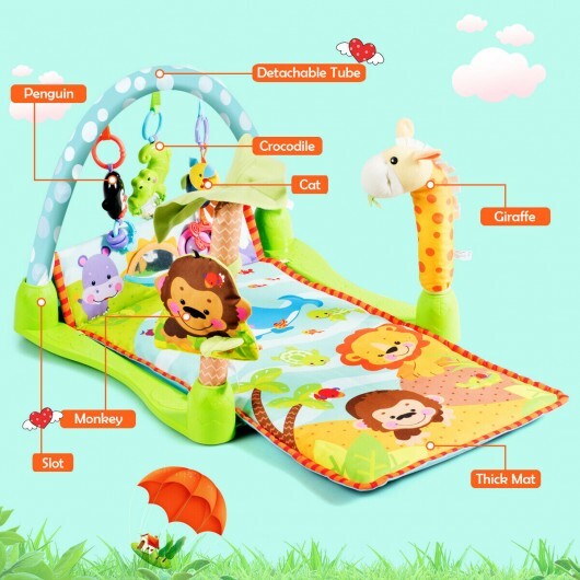 4-in-1 Baby Play Gym Mat with 3 Hanging Educational Toys- Multicolor