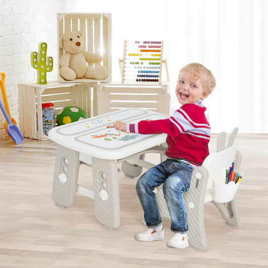 Kids Table and Chair Set with Flip-Top Bookshelf- Gray