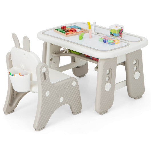 Kids Table and Chair Set with Flip-Top Bookshelf- Gray