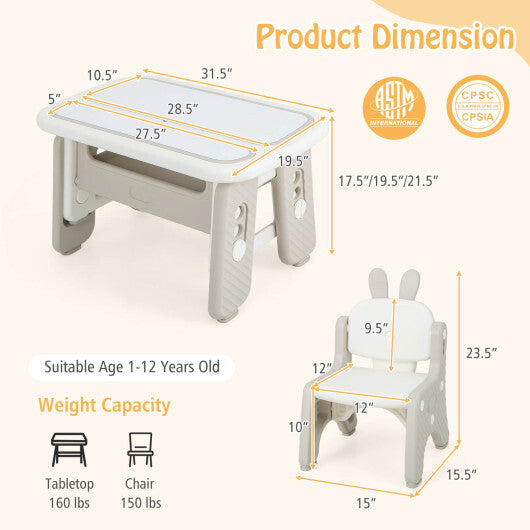 Kids Table and Chair Set with Flip-Top Bookshelf- Gray