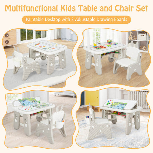Kids Table and Chair Set with Flip-Top Bookshelf- Gray