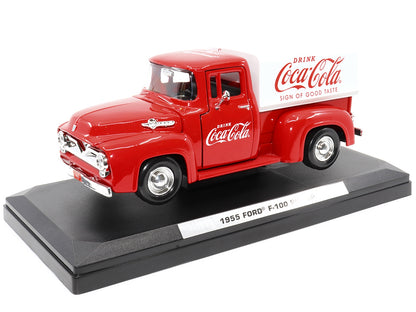 Ford F-100 Pickup Truck Red with White Canopy "Drink Coca-Cola" Car (1955)- Motor City Classics