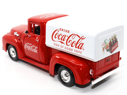 Ford F-100 Pickup Truck Red with White Canopy "Drink Coca-Cola" Car (1955)- Motor City Classics