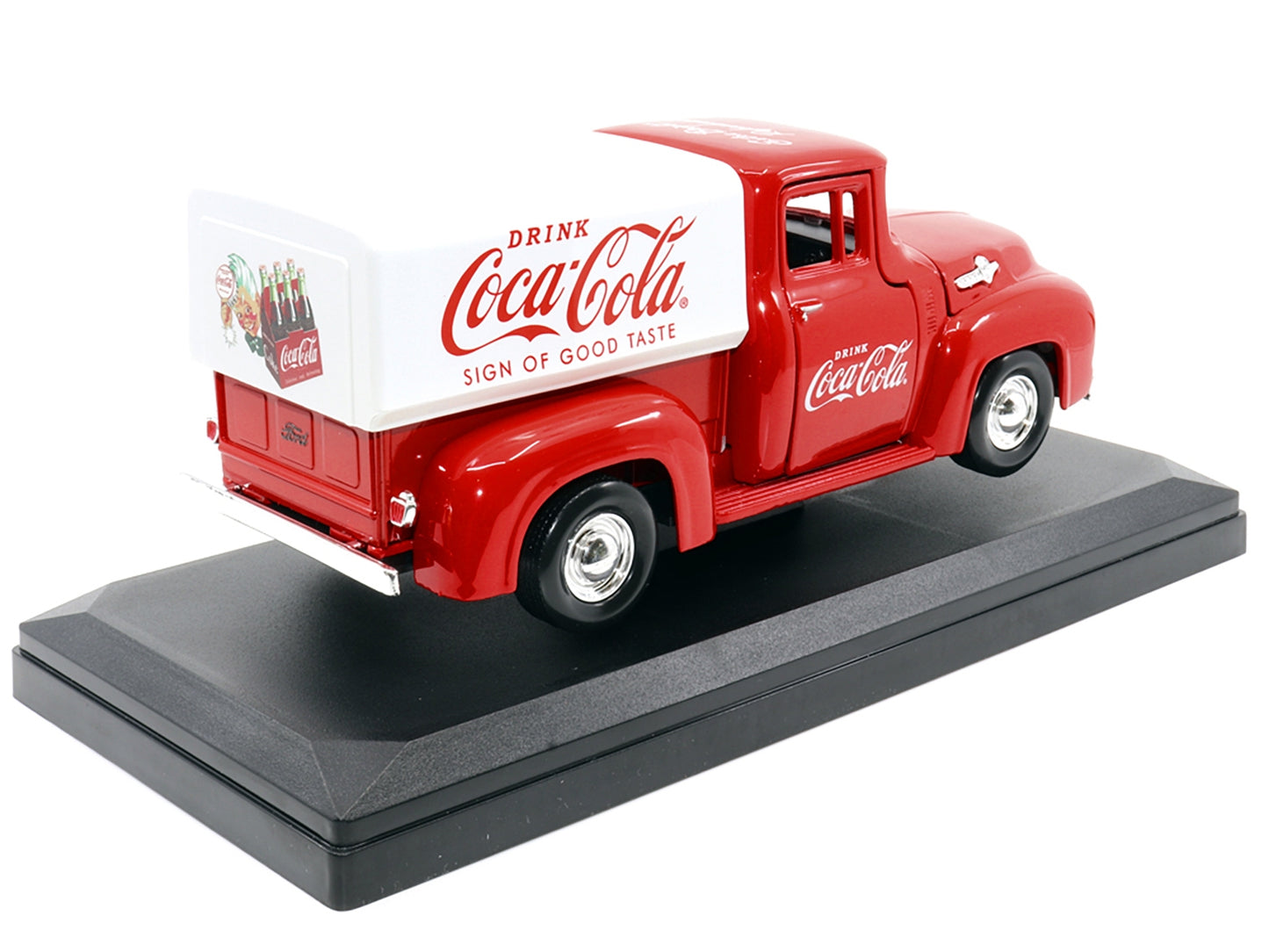 Ford F-100 Pickup Truck Red with White Canopy "Drink Coca-Cola" Car (1955)- Motor City Classics