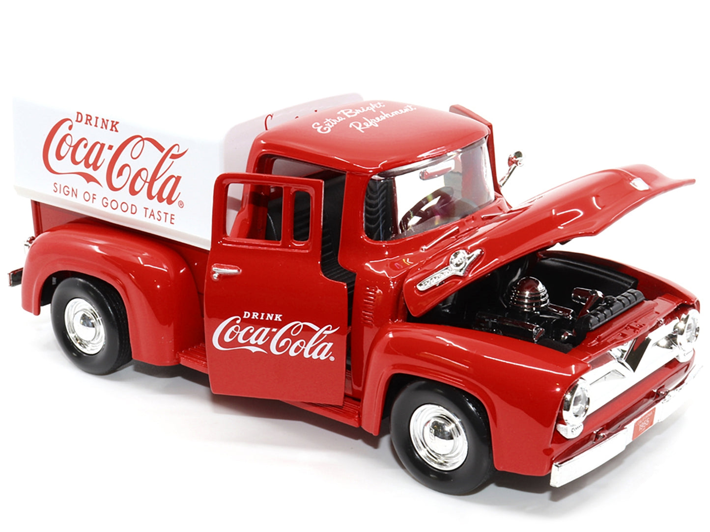 Ford F-100 Pickup Truck Red with White Canopy "Drink Coca-Cola" Car (1955)- Motor City Classics