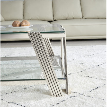 47 Wide Rectangle Modern Stainless Steel Coffee Table, Double-Layer Clear Tempered Glass Coffee Table, Center Table With Storage, For Living Room Home Office, Easy Assembly
