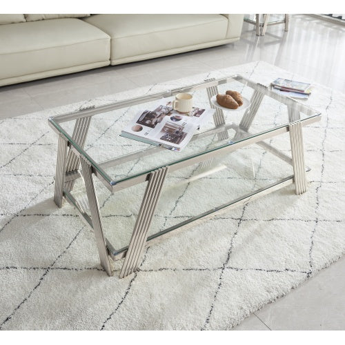47 Wide Rectangle Modern Stainless Steel Coffee Table, Double-Layer Clear Tempered Glass Coffee Table, Center Table With Storage, For Living Room Home Office, Easy Assembly