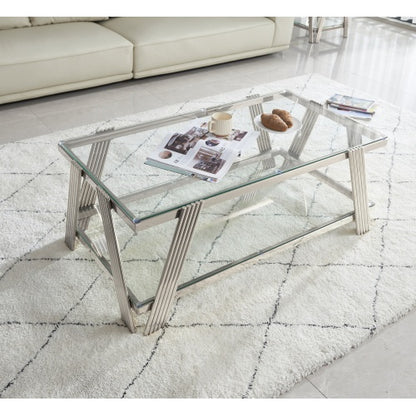 47 Wide Rectangle Modern Stainless Steel Coffee Table, Double-Layer Clear Tempered Glass Coffee Table, Center Table With Storage, For Living Room Home Office, Easy Assembly