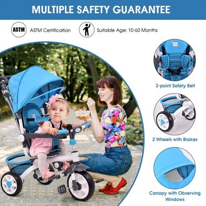 5-in-1 Detachable Baby Stroller Tricycle with Round Canopy-Blue