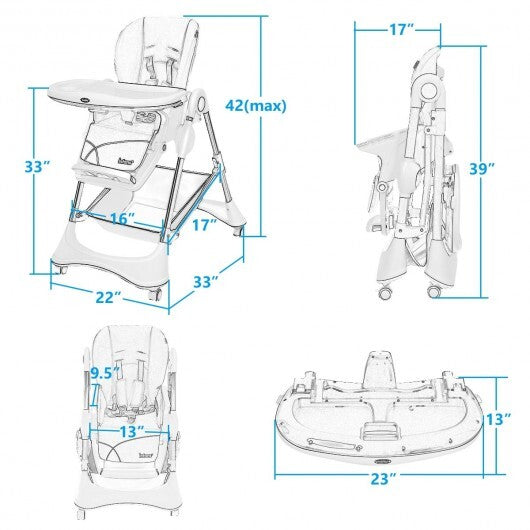 High Chair with 4 Lockable Wheels- Gray