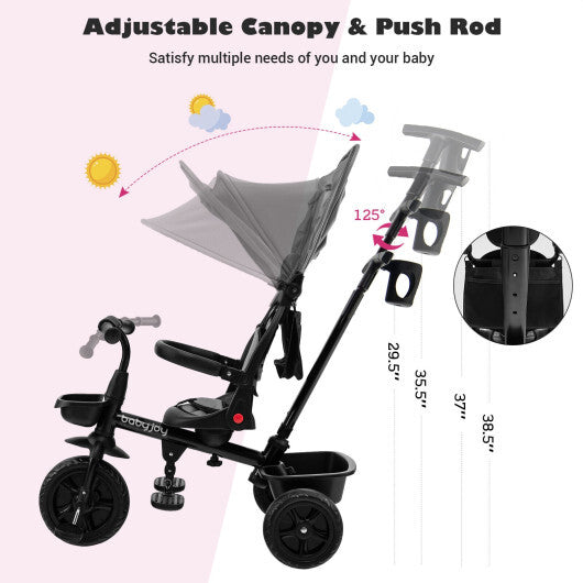 4-in-1 Reversible Toddler Tricycle with Height Adjustable Push Handle-Black