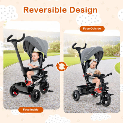 4-in-1 Baby Tricycle Toddler Trike with Convertible Seat-Gray - Color: Gray