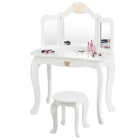 Kids Vanity Table Stool Set With Tri-folding Mirror- White