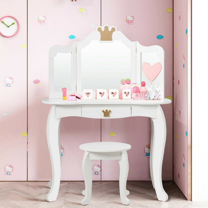 Kids Vanity Table Stool Set With Tri-folding Mirror- White