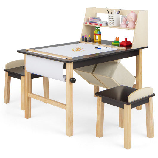 Kids Table and Chairs Set (Art) with Paper Roll and Storage Bins- Coffee