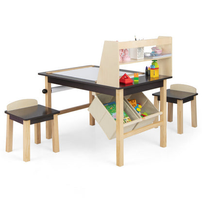 Kids Table and Chairs Set (Art) with Paper Roll and Storage Bins- Coffee