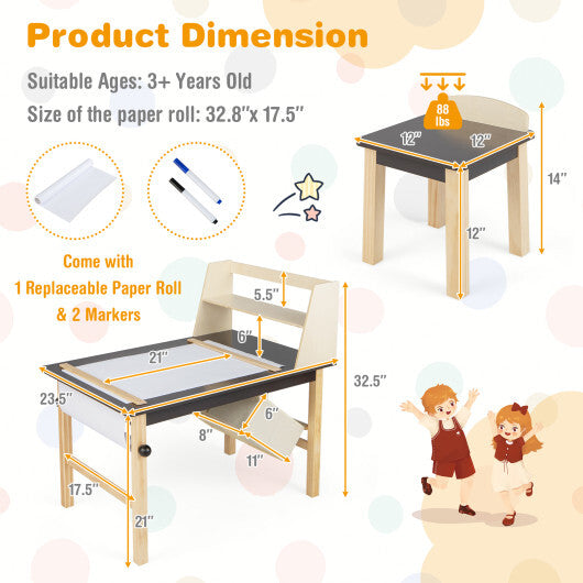 Kids Table and Chairs Set (Art) with Paper Roll and Storage Bins- Coffee