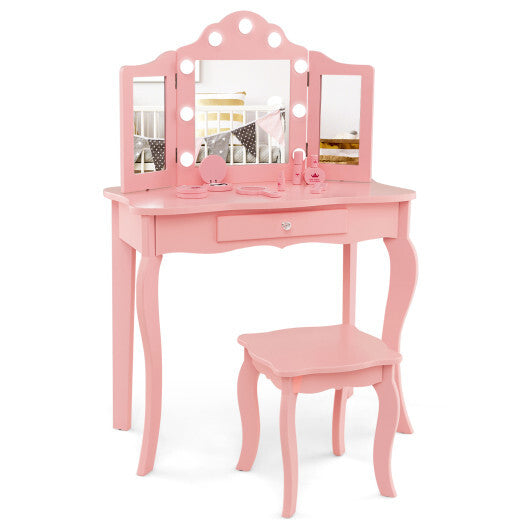 Kids Vanity Table Stool Set with Tri-Folding Mirror and 3-Color LED Lights- Pink