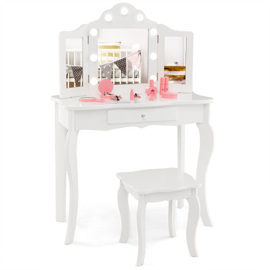 Kids Vanity Table Stool Set with Tri-Folding Mirror and 3-Color LED Lights- White