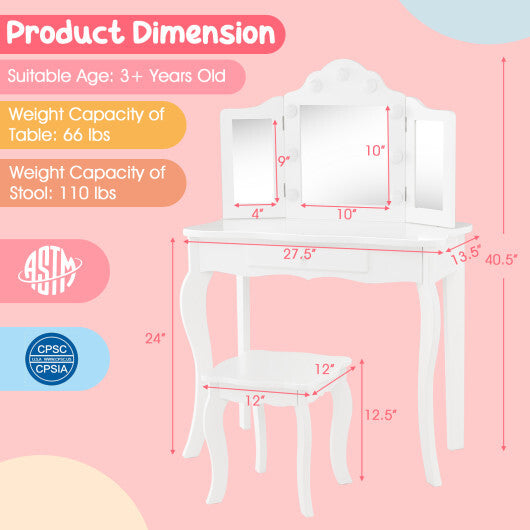 Kids Vanity Table Stool Set with Tri-Folding Mirror and 3-Color LED Lights- White