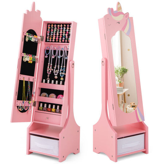 Kids Jewelry Cabinet with Storage and 2 Tilt Angles-Pink - Color: Pink