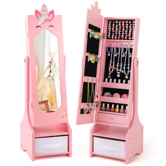 Kids Jewelry Cabinet with Full-Length Mirror for Kids Bedroom and Playroom-Pink - Color: Pink