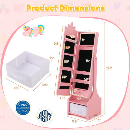 Kids Jewelry Cabinet with Full-Length Mirror for Kids Bedroom and Playroom-Pink - Color: Pink