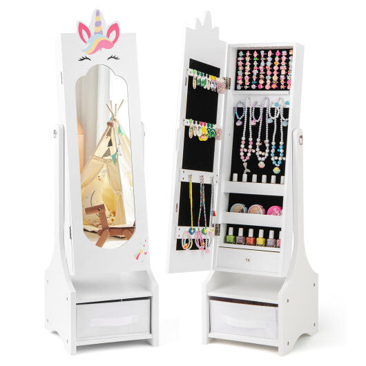 Kids Jewelry Cabinet with Full-Length Mirror for Kids Bedroom and Playroom-White - Color: White