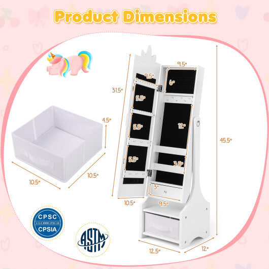 Kids Jewelry Cabinet with Full-Length Mirror for Kids Bedroom and Playroom-White - Color: White