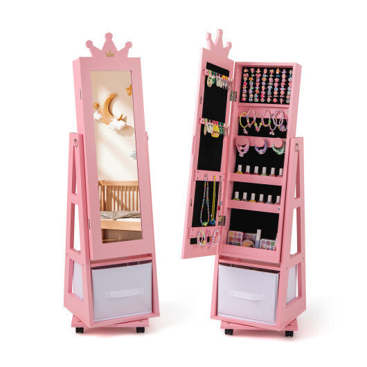 Kids Jewelry Cabinet Swivel Base (Lockable Universal Wheels)- Pink