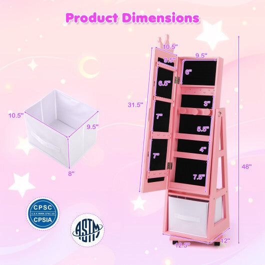 Kids Jewelry Cabinet Swivel Base (Lockable Universal Wheels)- Pink