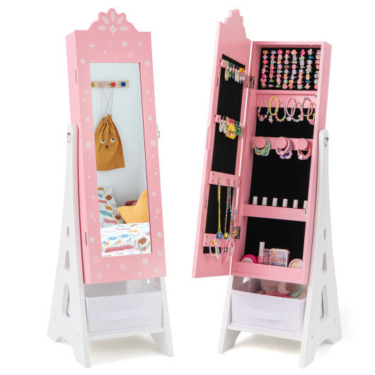 Kids Jewelry Cabinet with Full-Length Mirror and Foldable Drawer-Pink - Color: Pink