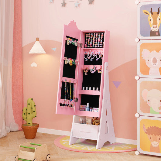 Kids Jewelry Cabinet with Full-Length Mirror and Foldable Drawer-Pink - Color: Pink