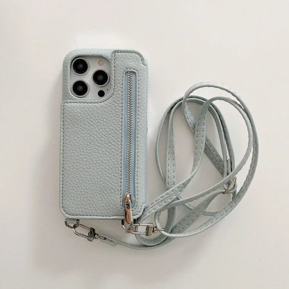 Material: leather, Color: Brown - Zipper Wallet Makeup Mirror Crossbody Lanyard Case For iPhone 16 15 14 Pro Max 13 12 11 XR XS 7 8 Plus Card Slot Leather Cover